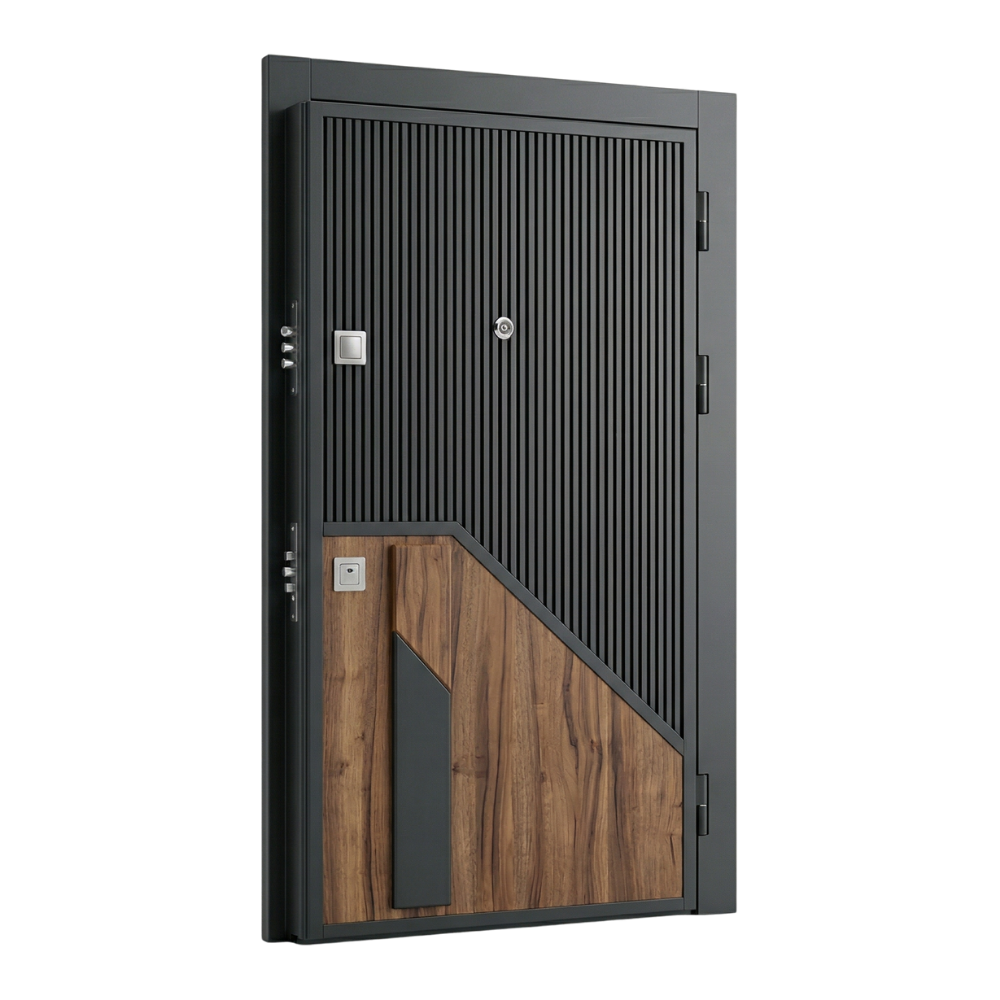 Porte blindée Kadra 306 - Design géométrique bois chêne et noir, cadre intégral