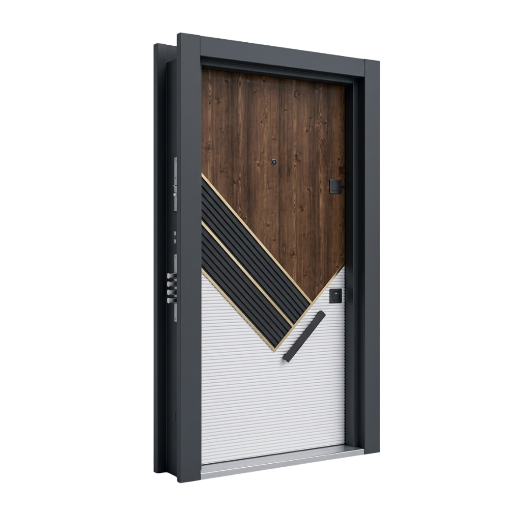 Porte blindée Kadra 307 - Design chevron bois sur fond blanc, style architectural