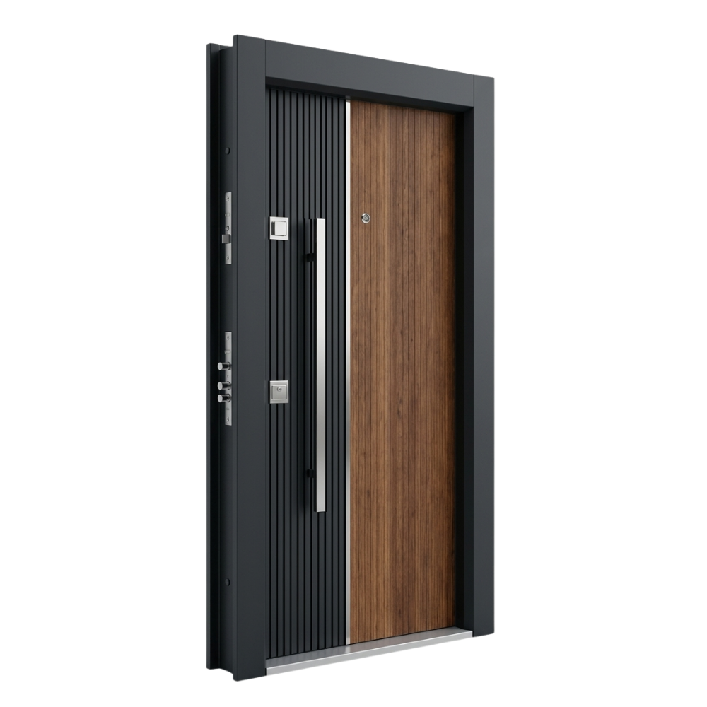 Porte blindée Kadra 308 - Bicolore noir et bois chêne, ligne chromée centrale