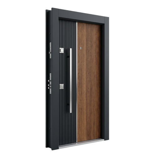 Porte blindée Kadra 308 - Bicolore noir et bois chêne, ligne chromée centrale